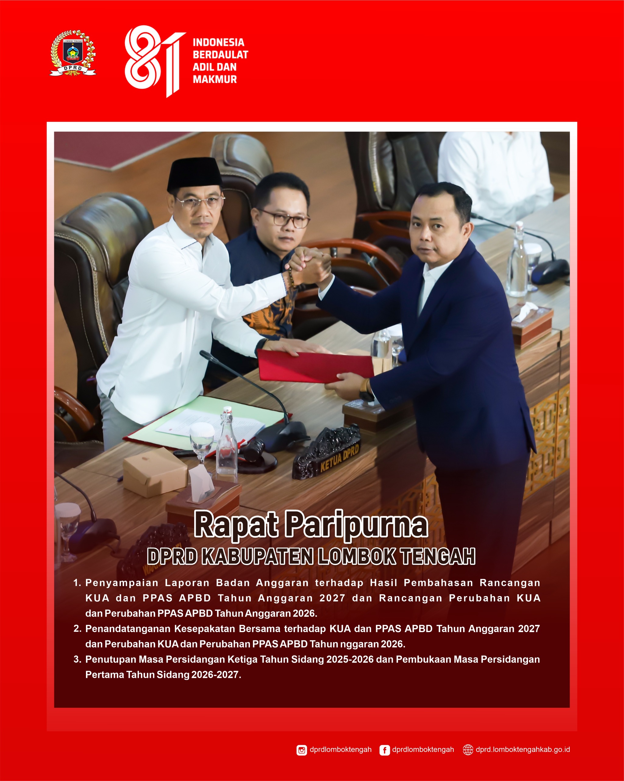 DPRD Lombok Tengah Gelar Rapat Paripurna, Bahas KUA-PPAS APBD 2027 dan Perubahan APBD 2026